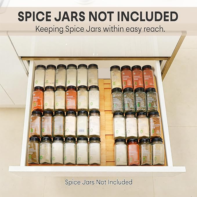 Bamboo Spice Drawer Organizer, (Need 3.1” Deep Drawer) Expandable 4 Tier Spice Rack for Cabinet (From 12" to 23" Wide), Seasoning Storage Insert, Spice Organizer for Drawer,Jars Not Included