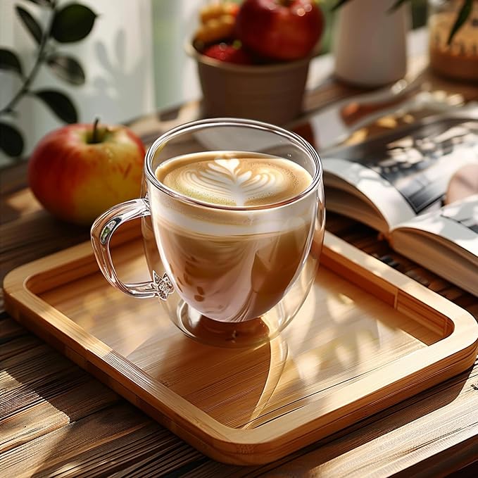 Set of 4 Double Walled Glass Coffee Mugs 6 Ounces Insulated Layer Coffee Cups with Handle Borosilicate Glass Espresso Cup for Hot Beverage,Cappuccino,Tea,Latte,Wine,Microwave Safe