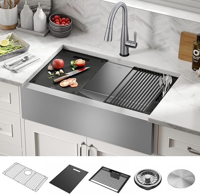 DELTA FAUCET Rivet 33-inch Workstation Farmhouse Apron Front Kitchen Sink Undermount 16 Gauge Stainless Steel Single Bowl with WorkFlow Ledge and Kit of 5 Accessories, 95C9031-33S-SS