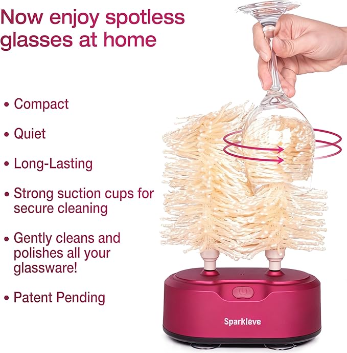 Home Glassware Polisher, World's First Affordable Spinning Glass Polisher, 600 RPM Dries and Polishes, All Glasses, Wine, Bar, Drinking, For Sparkling Glassware. Burgundy, Premium Painted