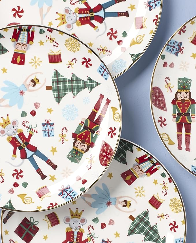 Lenox Dinnerware Set, Nutcracker Ballet Accent Plates, Service for 4 Porcelain Dinnerware, Microwave & Dishwasher Safe, Pasta, Salad and Dinner, Nutcracker Christmas Accent Plates (Assorted, 4 Piece)