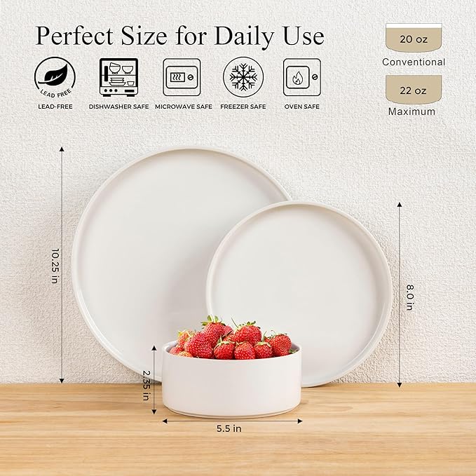 LERATIO Ceramic Dinnerware Sets for 4,12 Pieces Poreclain Plates and Bowls Sets,Scratch Resistant Dishes,Dishwasher & Microwave Safe Dishes Set,Service for 4-White