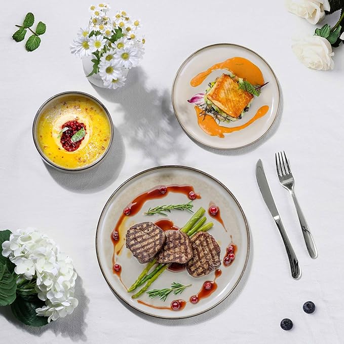 Herogo Stoneware Plates and Bowls Sets for 6, 18 Pieces Modern Round Dinnerware, Reactive Glaze Dishes Set for Kitchen, Chip Resistant, Microwave & Dishwasher Safe, Cream Khaki