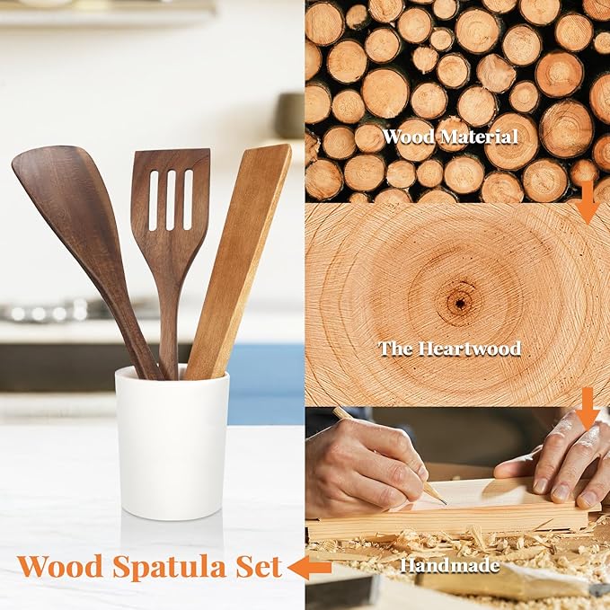 3Pcs Wooden Spatulas, Acacia Wood 12inch Long Handle Flat Frying Turner, Non-Stick Wooden Spoons for Cooking, Kitchen Utensils Set for Flipping, Scraping and Turning