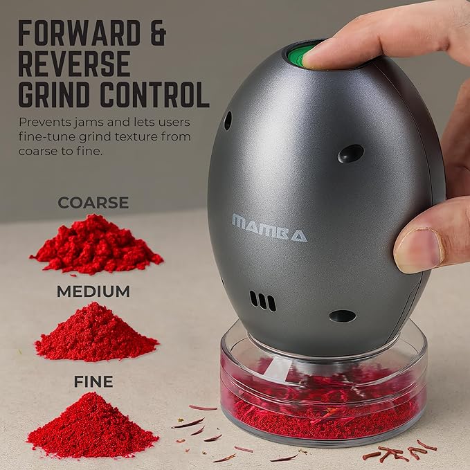 Mamba Whip Electric Herb Grinder. USB Rechargeable Portable One Handed Large Grinder and Spice Mill - Metal Gray