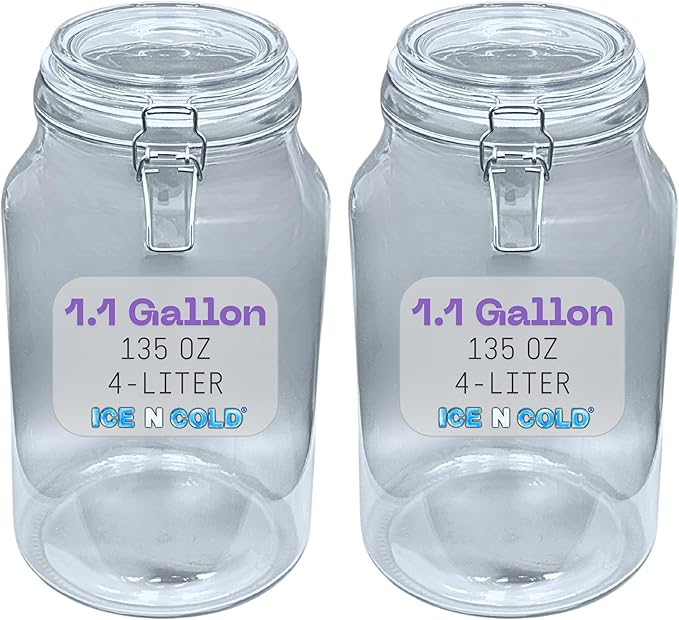 Airtight Glass Storage Jars with Clamp Lid - Food Storage Containers with Rubber Gasket Seal – Pantry & Kitchen Canisters for Dry Goods, Coffee, Sugar, Pasta -135oz | 4L | 1 GAL (2pk)