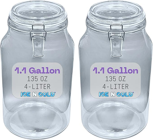 Airtight Glass Storage Jars with Clamp Lid - Food Storage Containers with Rubber Gasket Seal – Pantry & Kitchen Canisters for Dry Goods, Coffee, Sugar, Pasta -135oz | 4L | 1 GAL (2pk)