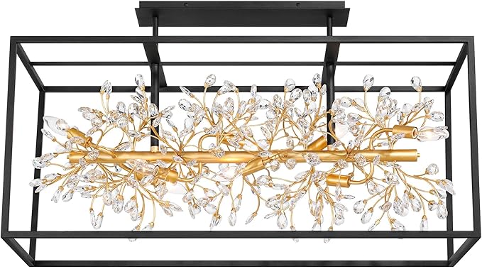 Possini Euro Design Carrine 38 1/2" Modern Semi Flush-Mount Ceiling Light Fixture Kitchen Foyer Hallway Linear Unique 8-Light Satin Black Gold Finish Crystal Metal Bedroom Bathroom Entryway