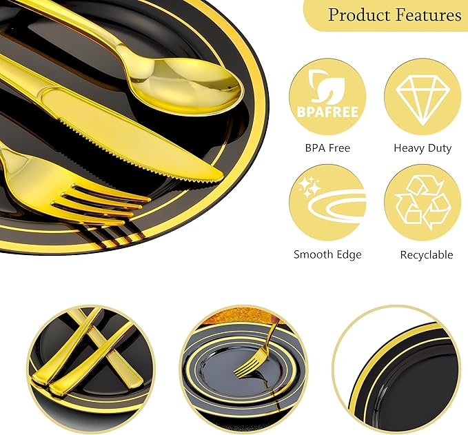 350 PCS Black and Gold Dinnerware Set for 50 Guests, Black Christmas Disposable Plates with Gold Rim for Party -50 Dinner Plates, Dessert Plates, Silverware Set,Napkins and Cups