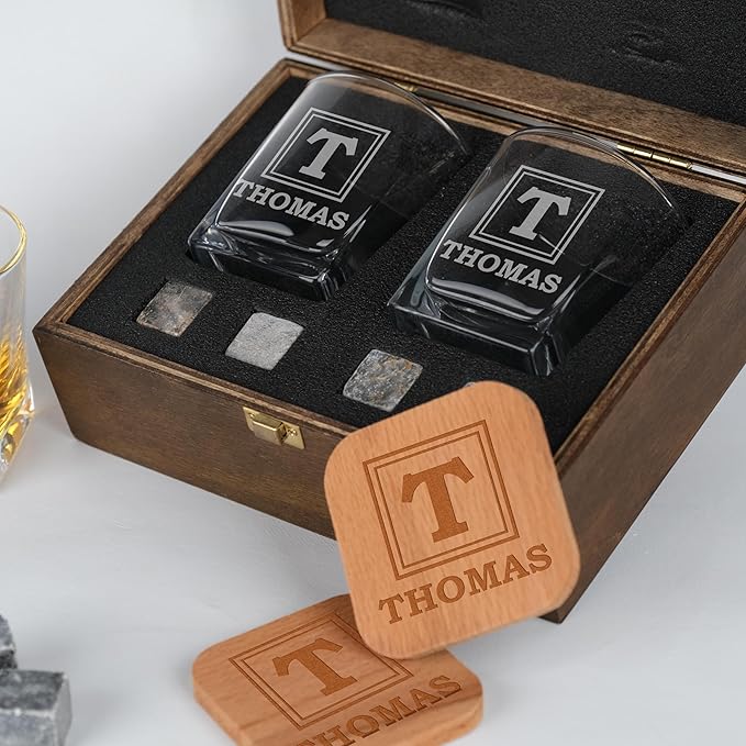 Personalized Whiskey Glasses Gift Set with Engraved Wooden Box and Whiskey Stones – Custom Whiskey Glassware for Men & Whiskey Lovers