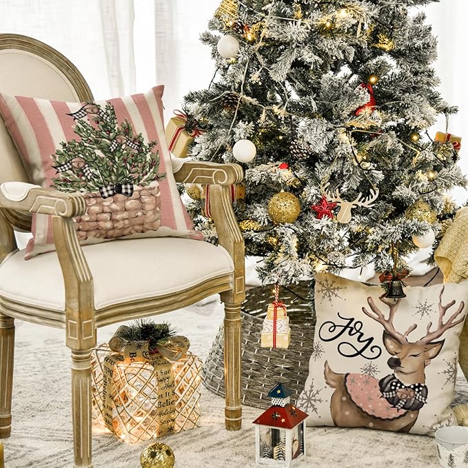 AVOIN colorlife Pink Christmas Snowman Reindeer Gloves Eucalyptus Throw Pillow Covers, 18 x 18 Inch Winter Holiday Stripes Cushion Case Decoration for Sofa Couch Set of 4