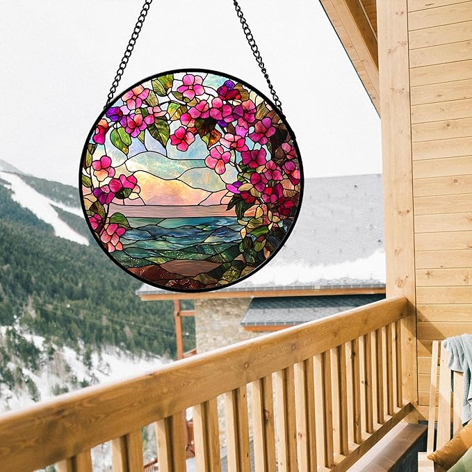Stained Glass Window Hanging, Purple Flower Landscape Wreath Sun Catcher for Door Home Decor Plants Suncatcher Christmas Mother's Day Birthday Gifts for Women Men Mom Nana 11.8 in