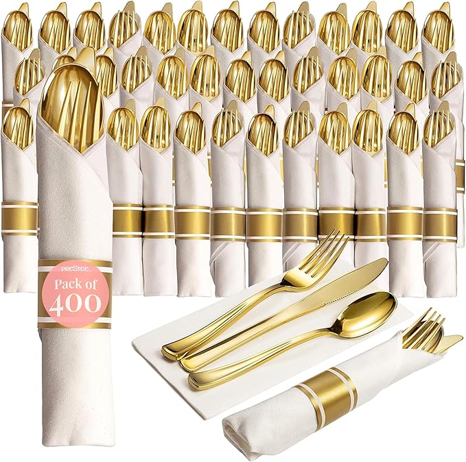 Prestee 400 Piece Pre Rolled Gold Plastic Silverware Set for 100 Guests - Disposable Silverware Set with Napkins for Weddings and Events - Wrapped Forks, Spoons and Knives with Elegant Gold Finish