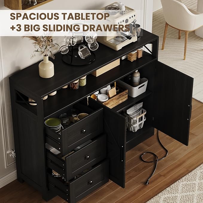 OUTLANE 47In Large Buffet Cabinet, Modern Farmhouse Sideboard with 3 Drawers, Wood Cupboard Storage Pantry Cabinet with 2 Barn Doors&Adjustable Shelf, Storage Cabinet for Living Room, Kitchen, Black