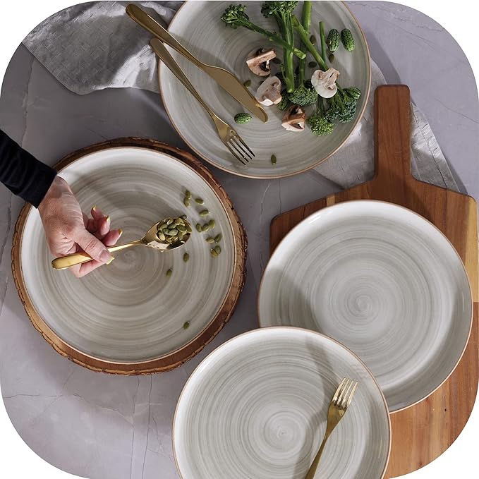 Corona 12–piece Rustic Aestethic Hand-Painted Versatile Ceramic Dinnerware Sets | Plates and Bowls | Service For 4 | Gray Caoba