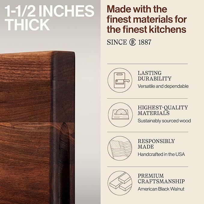 John Boos R-Board Series Rectangular Wooden Walnut Cutting Board 18”x12” – 1.5” Thick, 9-lb Reversible Butcher Block with Edge-Grain & Finger Grips – Made in the USA