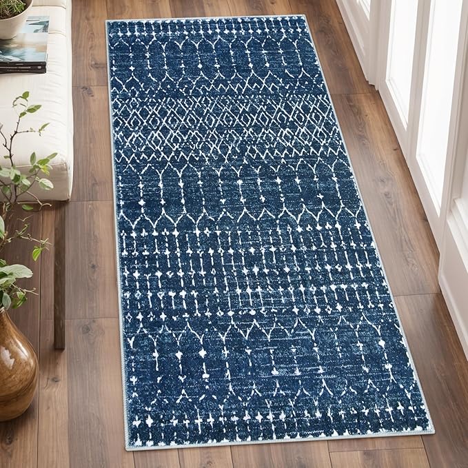 Lahome Moroccan Runner Rugs for Hallway - 2x4 Bathroom Rugs Non-Slip Small Throw Kitchen Carpet Low-Pile Mat for Entryway Laundry Room Mat Geometric Indoor Carpert for Entrance Bath (Blue,2'x4')