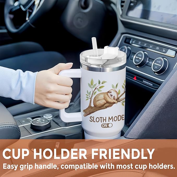 Personalized Sloth Tumbler 40oz with Handle & Straw - Lazy Themed & Funny Saying Tumbler - Cute Valentine Mother Father's Day Birthday Gifts - Custom Name Stainless Steel Travel Coffee Cup