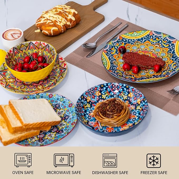 24 Pieces Dinnerware Sets, Ceramic Plates and Bowls Set, Microwave and Dishwasher Safe, Scratch Resistant, Bohemian Style Dishware Set, Service for 6