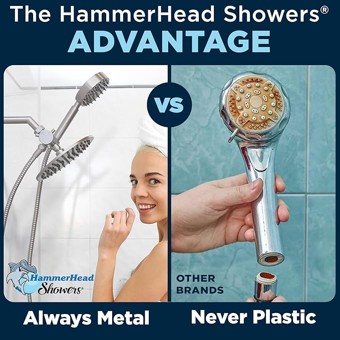 HammerHead Showers® Solid Metal Dual Shower Head Combo – BRUSHED NICKEL – 8 Inch Rainfall High Flow Shower Head & Handheld Shower Head High Pressure with Hose 6ft - Hotel-Like Double Shower Heads