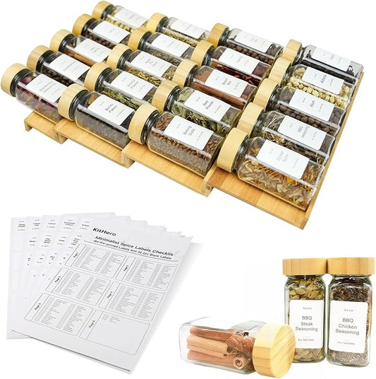Spice Drawer Organizer with 20 Bamboo-lidded Spice Jars,216 Labels,25 Non-slip Rubber, Bamboo 4 Tier Seasoning Rack Tray Insert for Kitchen Drawers,Cabinets,Countertop,11" Wide x 15.8" Deep