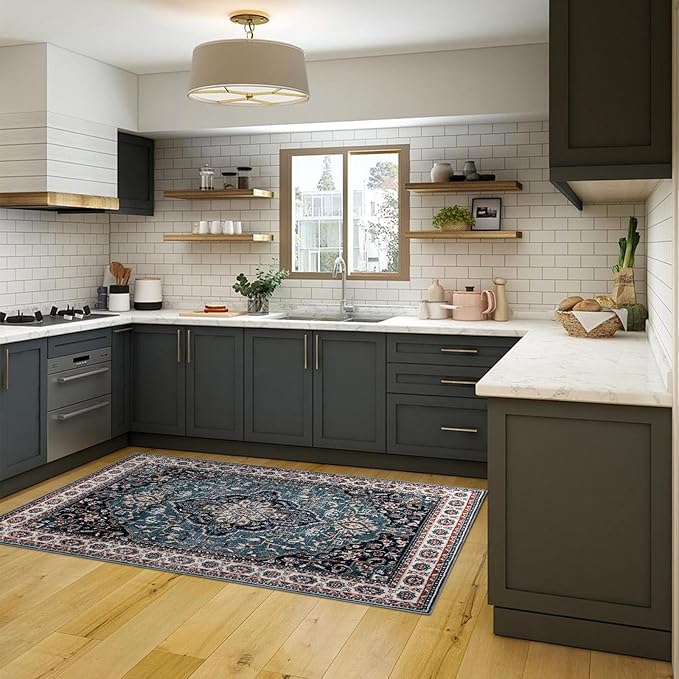 Easy-Going Area Rug 5x7 Medallion Distressed Washable Rugs for Living Room Non-Slip Bedroom Rug Low Pile Lightweight Vintage Retro Throw Rug for Dining Room Kitchen Home Office Carpet, Teal Brick