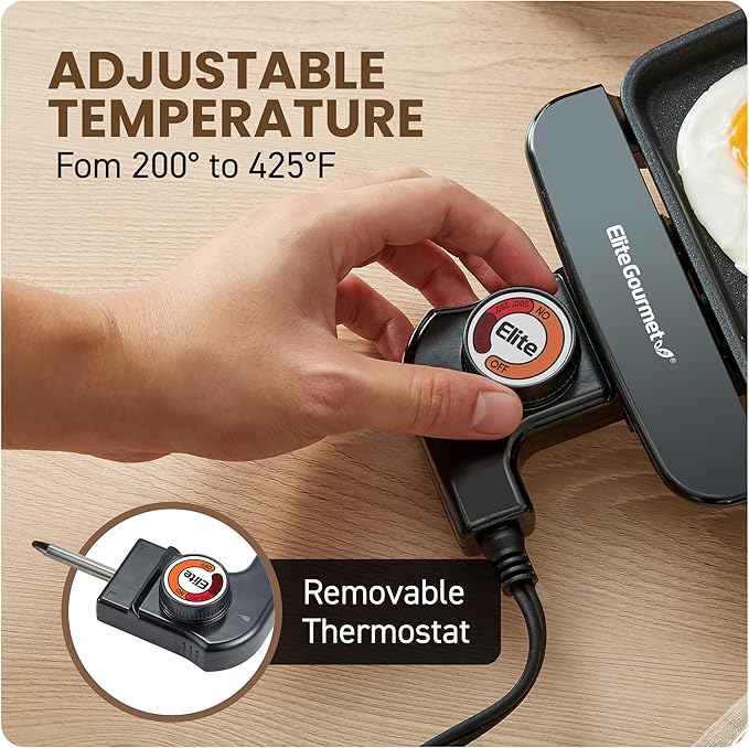 Elite Gourmet EGR8152 Electric 9.75" x 7" Personal Compact Griddle, Cool-touch Handles Non-Stick Surface, Removable/Adjustable Thermostat, Black