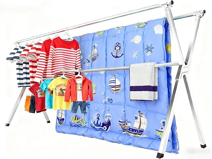 Premium Stainless Steel Clothes Drying Racks 81.5-83 Inches Heavy Duty Drying Rack Clothing Collapsible Foldable Portable Large Laundry Drying Rack with 20 Windproof Hooks for Indoor Outdoor