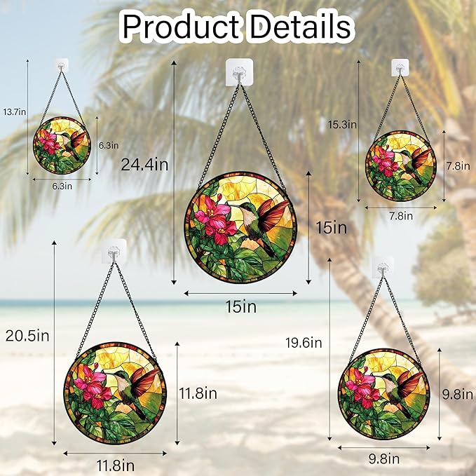 Stained Glass Suncatcher, Hummingbird Red Flowers Green Leaves Sun Catcher Stain Glass Window Hanging Decoration Mother's Day Birthday Gifts for Bird Lover Women Men Mom Nana 15 in