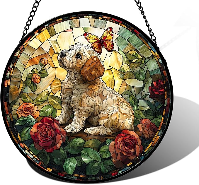Stained Glass Window Hanging, Cute Dog and Flowers Suncatcher for Doors Home Butterfly Sun Catchers Decoration and Christmas, Mother's Day Birthday Gifts for Women, Men, and Mom 9.8 in