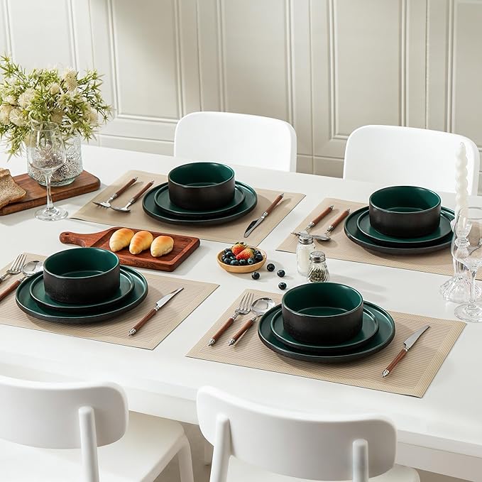 24 Piece Ceramic Dinnerware Set for 8, Modern Minimalist Stoneware Dinner Plates and Bowls, Microwave Safe, Dishwasher Safe, Versatile for All Seasons, Matte Green