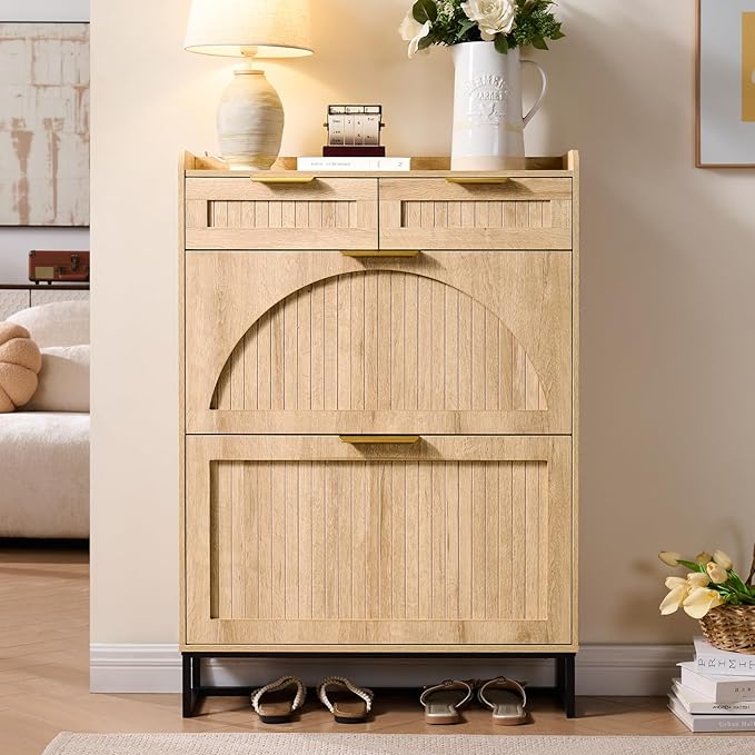 Fluted Shoe Cabinet Storage for Entryway – Narrow Shoe Rack with 2 Flip Drawers & 2 Storage Drawers, Freestanding Hidden Shoe Organizer for Foyer, Hallway (Natural)