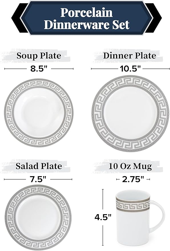 Porcelain Dinnerware Set for 1 - White and Silver Luxurious 4 Piece Greek Key Design - Elegant Dinner Plates with Mugs - Dining Kitchenware for Home, Formal Occasions and Everyday Dishes
