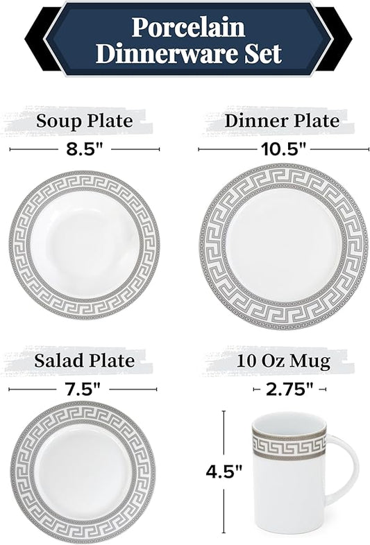 Porcelain Dinnerware Set for 1 - White and Silver Luxurious 4 Piece Greek Key Design - Elegant Dinner Plates with Mugs - Dining Kitchenware for Home, Formal Occasions and Everyday Dishes