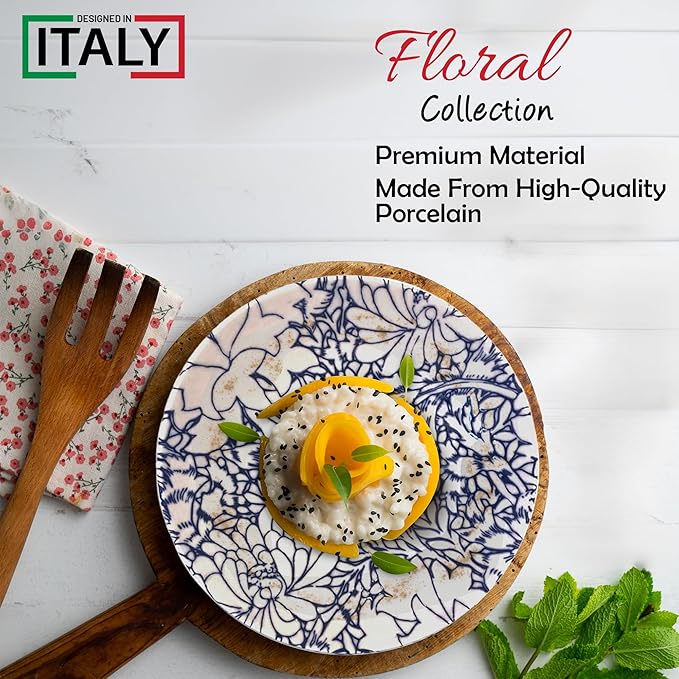 Gusto Buono Porcelain Dinner Plates - Set of 6-10.24" | Pearl Effect with Blue Floral Design | Dishwasher & Microwave Safe | Ideal for Indoor & Outdoor Dining |Ideal for Home Use, Parties & Gifts