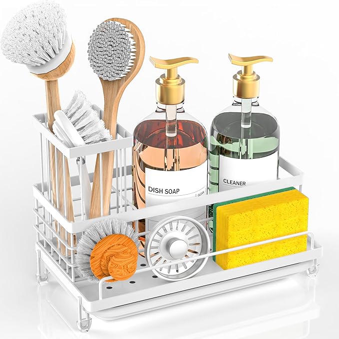 Cisily Stainless Steel Kitchen Sink Caddy Organizer, Sponge Holder for Sink Rustproof, Non-Slip Soap Dish Dispenser Brush Holder Storage, Home & Kitchen Essentials Accessories (White)