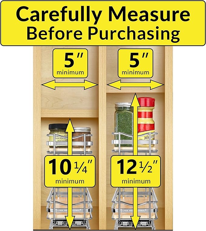 LYNK PROFESSIONAL® Élite™ Pull Out Spice Rack Organizer for Inside Kitchen Cabinets - 4-3/8 inch Wide - Slide Out Drawer – Wood/Chrome Sliding Spice Cabinet Organization Shelf Racks - 2 Tier