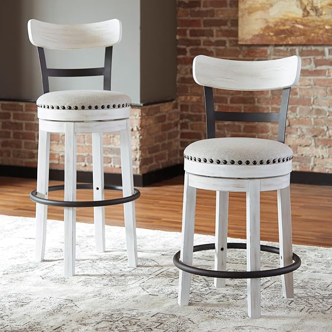 Signature Design by Ashley Valebeck | Modern Swivel 24.5" Counter Height Barstool – Rustic-Industrial Whitewash, Upholstered Cushion, 360° Swivel, Nailhead Trim
