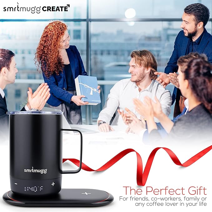 Create Heated Coffee Mug, Large 14 OZ, 5 Hour Battery Life, Precision Temperature Adjustment, Battery Powered Heated Coffee Mug Warmer, w/Dual Wireless Charging Pad Phone Charger (Black)