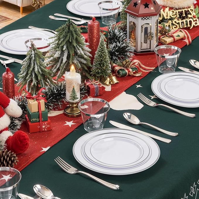 bUCLA 600pcs Silver Plastic Dinnerware Set for 100 Guests - Silver Christmas Dinnerware Set Disposable for Party - Include 100 Dinner Plates,100 Dessert Plates,100Cups,100 Knives,100 Forks,100 Spoons