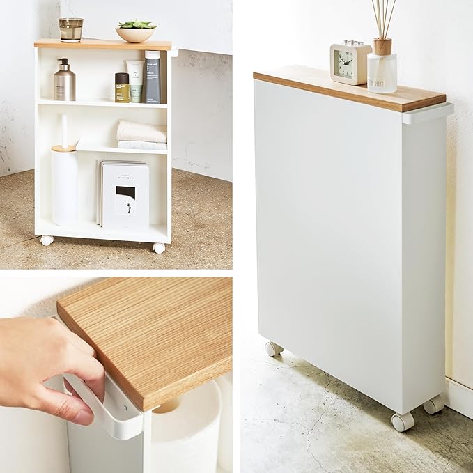 YAMAZAKI Home Slim Rolling Storage Cart – Narrow Bathroom Storage Cabinet with Handle, Slim Bathroom Storage Cart with Wheels, Easy Assembly, Steel + Wood, White