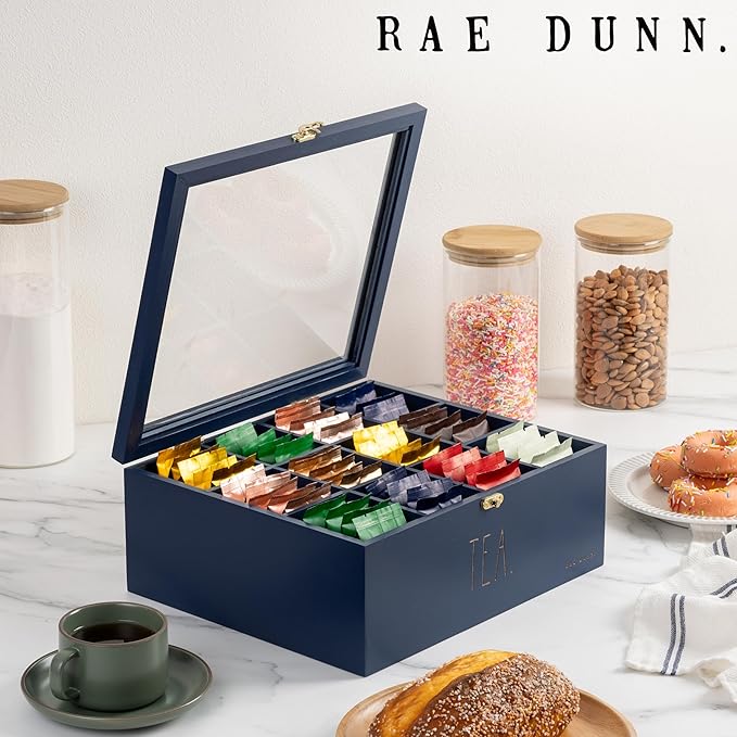 Rae Dunn Tea Bag Organizer - Tea Box Divided Storage Container Box with Hinge Lid for Kitchen Cabinet, Countertop, Pantry, Hold Coffee Pods, Seasoning Packets, Condiments, Blue