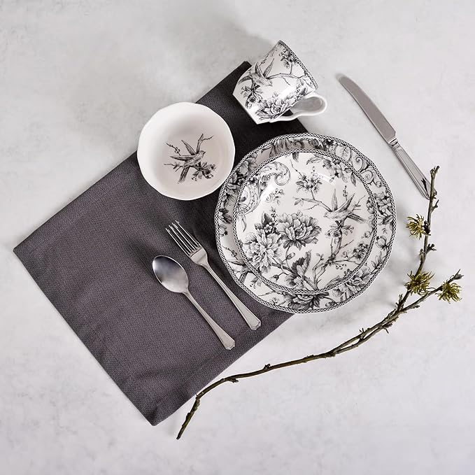 222 Fifth Adelaide 16-Piece Black Porcelain Dinnerware Set – Service for 4, Featuring Hand-Applied Romantic Woodland Bird Design, for Everyday Dining & Entertainment, Microwave & Dishwasher Safe
