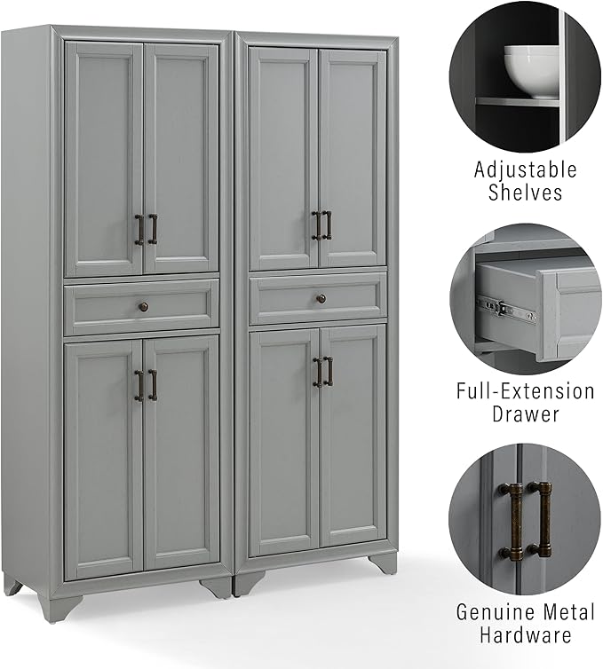 Crosley Furniture Tara 2-Piece Pantry Storage Cabinet Set with Shelves, Kitchen, Dining, or Laundry Room, Distressed Gray
