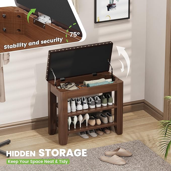 Shoe Bench for Entryway, Solid Rubberwood Shoe Bench with Hidden Storage, Adjustable 2-Tier Shelves & Soft PU Leather Seat, Shoe Rack Durable Easy Assembly for Hallway or Bedroom - Brown, 23.6"