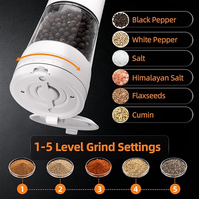 Electric Salt and Pepper Grinder Set-2 Pack Rechargeable Automatic Pepper Mill with Base,5-Level Adjustable Coarseness, Display, LED Lighting, Large Capacity-Ideal for Kitchen, BBQ Gifts (2, White)