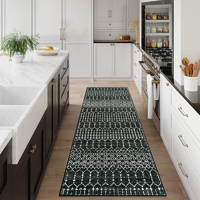 Lahome Moroccan 2x6 Black Runner Rug Non-Slip, Kitchen Rug Runner Washable Non-Skid Hallway, Geometric Print Distressed Carpet for Entryway Bathroom Laundry