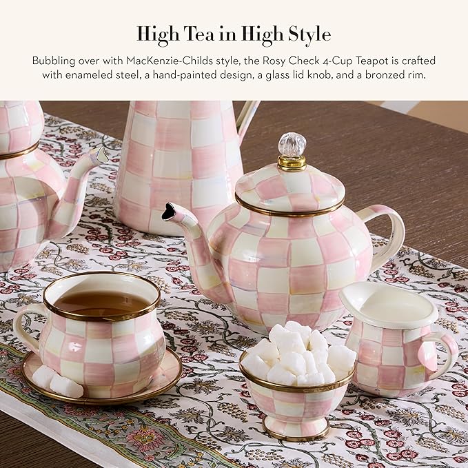 MACKENZIE-CHILDS Enamel Teapot, Cute Small Teapot with Lid, 4-Cup Capacity, Pink-and-White Rosy Check