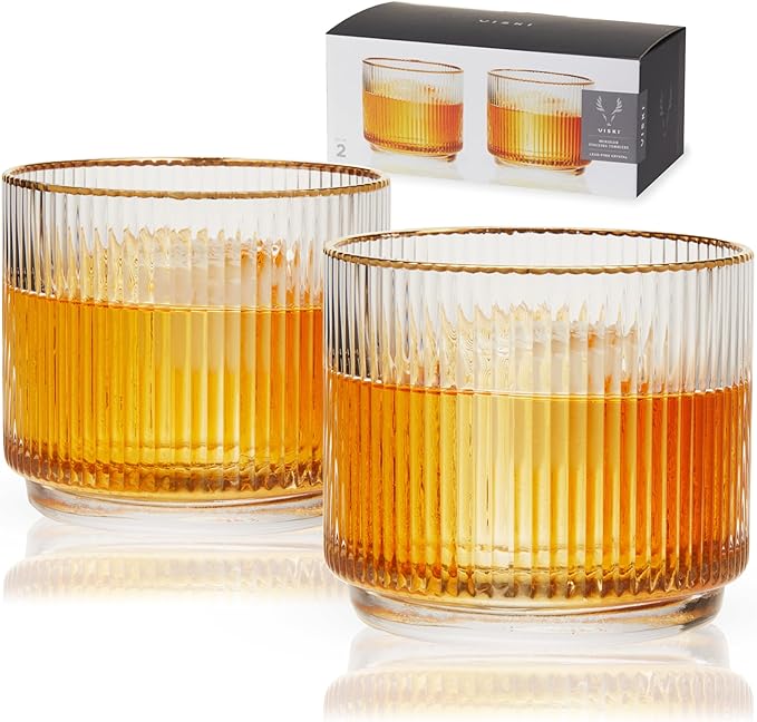 Viski Meridian Crystal Lowball Tumblers, Art Deco Whiskey Glasses, Crystal Scotch Glasses, Old Fashioned Glasses, Ribbed Glassware 12oz Set of 2