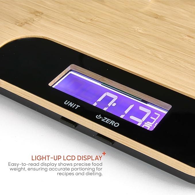 Sharper Image Bamboo Cutting Board & Digital Food Scale, 33 lb Capacity, Measures Grams & Ounces, Multi-Functional for Food Prep, Baking, Dieting, Portion Control, Kitchen Gadgets Gift